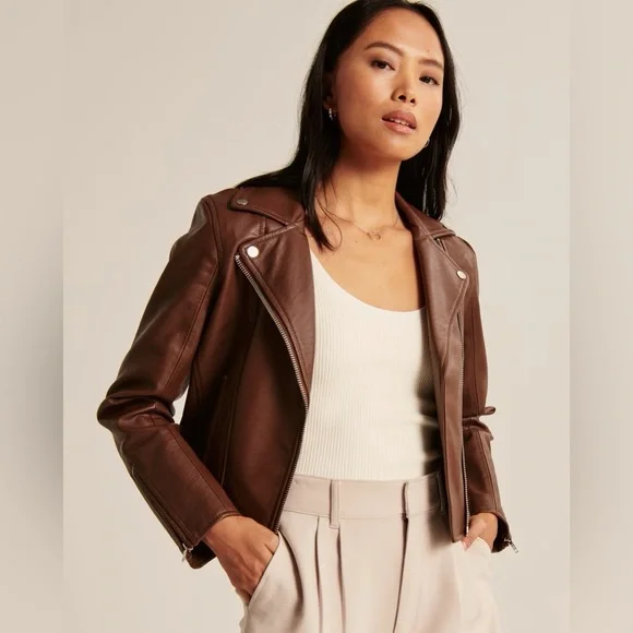 NWT Abercrombie & Fitch Vegan Leather Moto Jacket in Dark Brown - Picture 3 of 9
